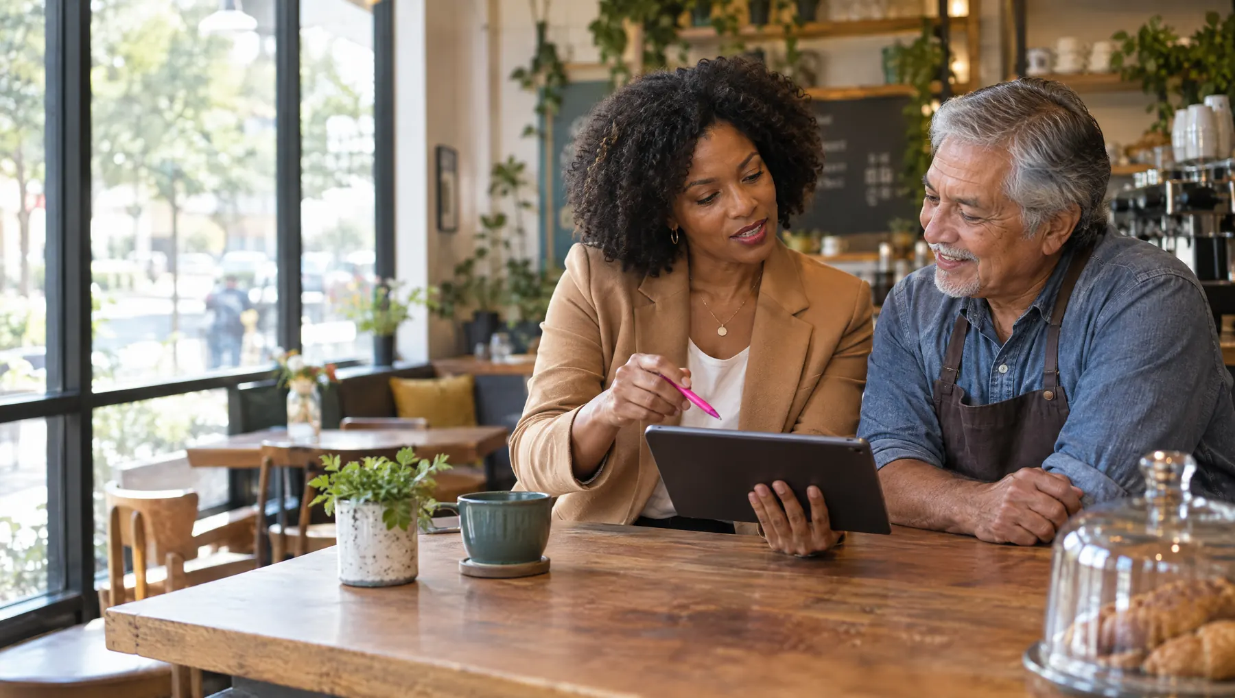 Uma consultora explica algo em um tablet ao dono de um café, que a ouve com interesse.