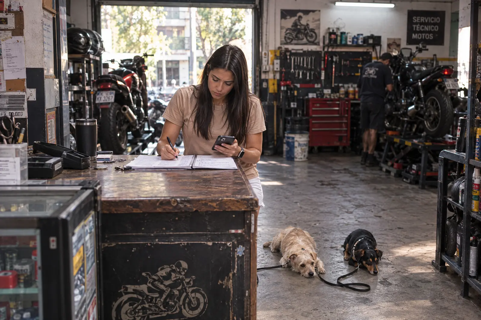 Sem a Sapiens: a mesma mulher continua no balcão da oficina com um caderno e o celular, enquanto seus cachorros esperam.