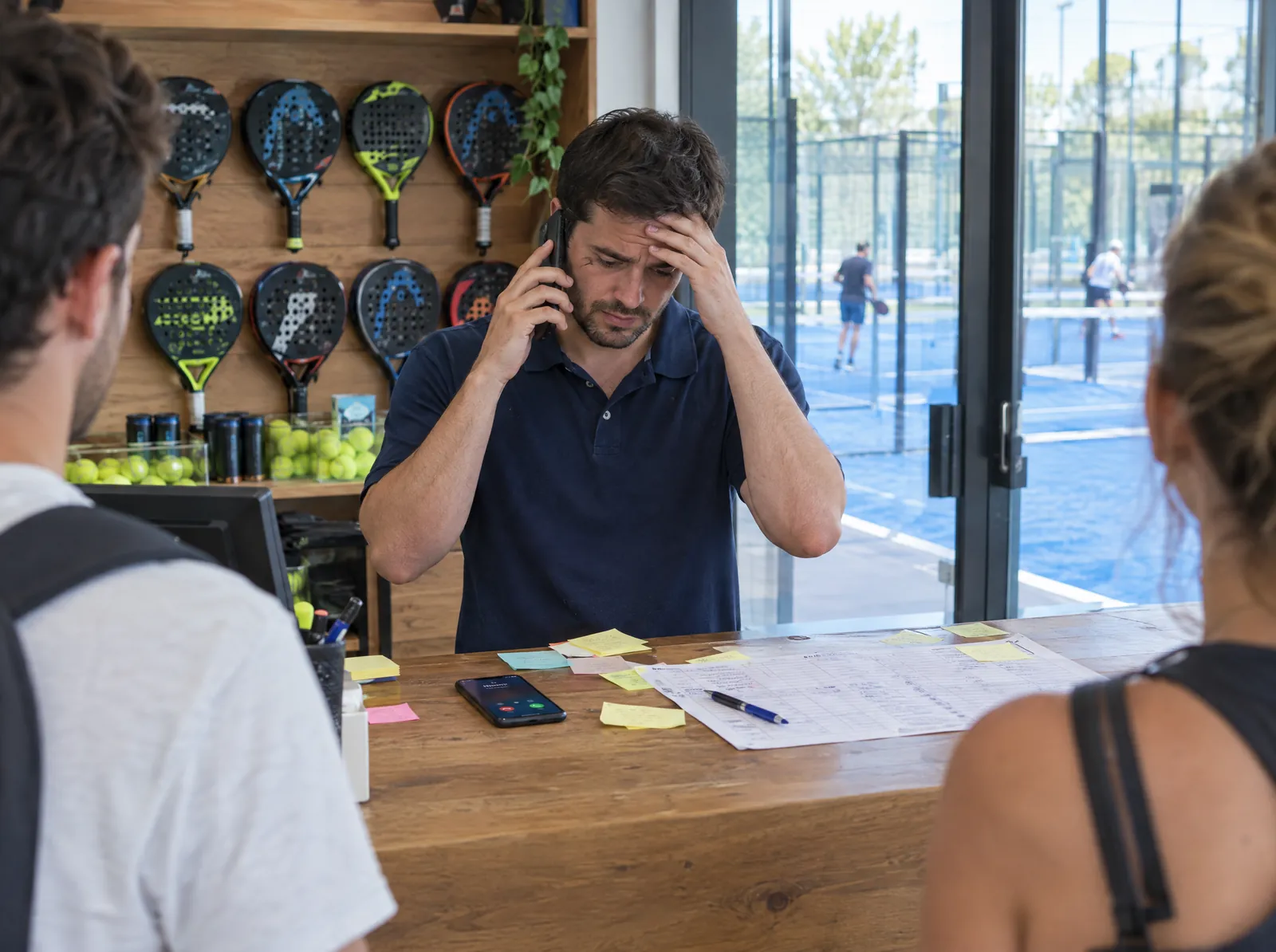 Hoje: um recepcionista de um clube de padel atende o telefone sobrecarregado, com o balcão cheio de anotações e clientes esperando.