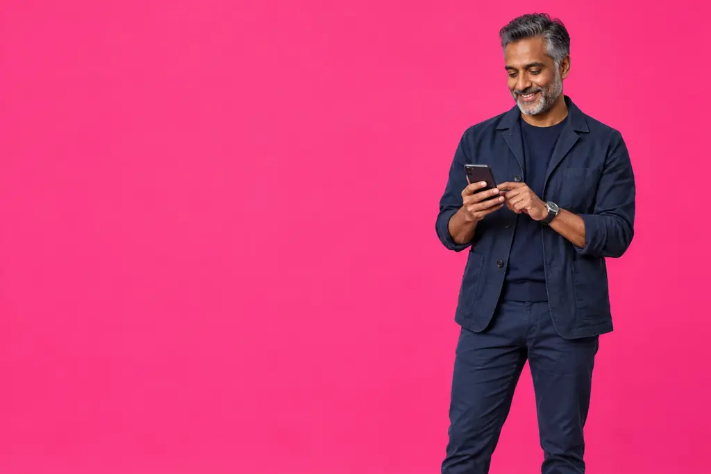 Um dono de negócio olha o celular com tranquilidade, sobre um fundo fúcsia.